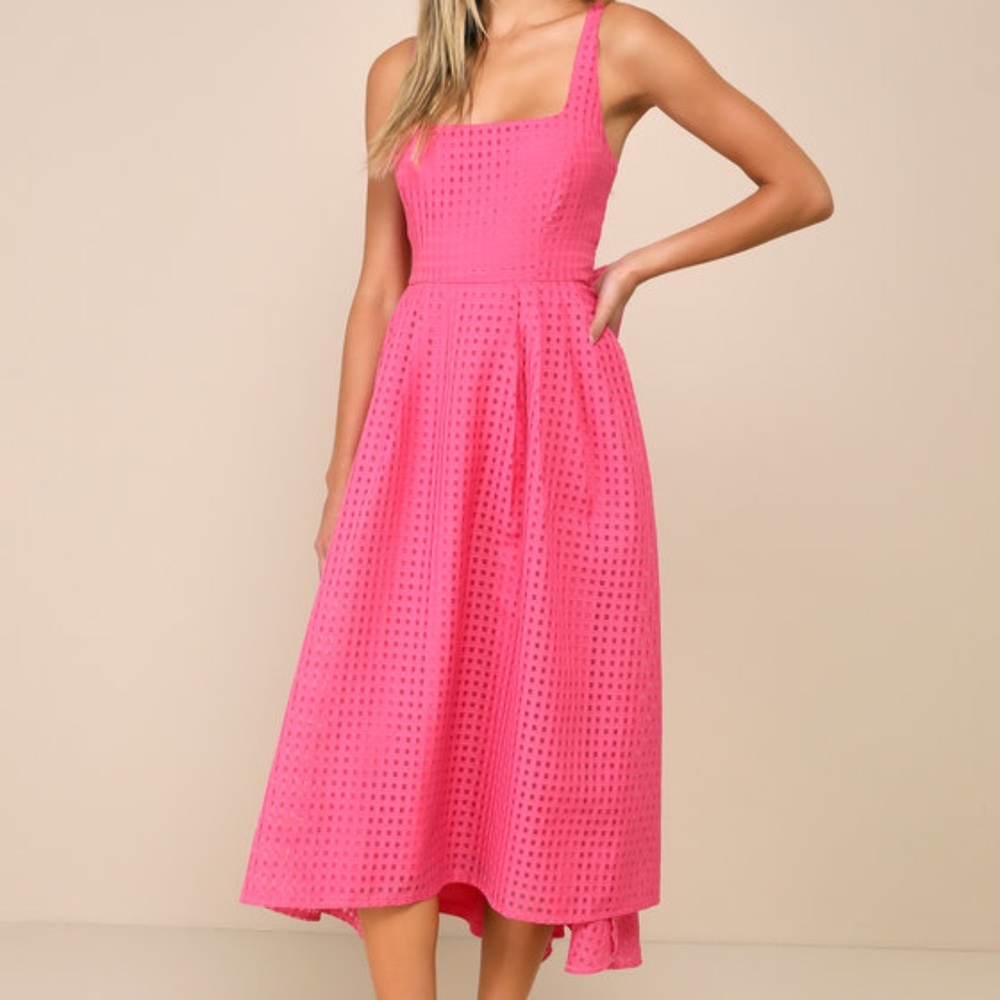 Lulus Definitely Stunning Hot Pink Gingham Burnout Midi Dress - Size S